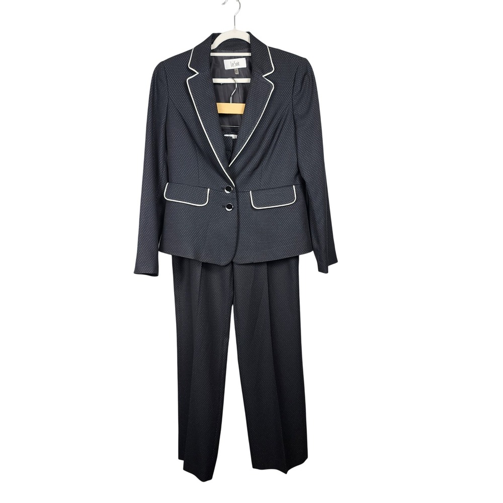 Le Suit 2pc Pant Suit Womens 6‎ Black Textured White Piping Business Office Work